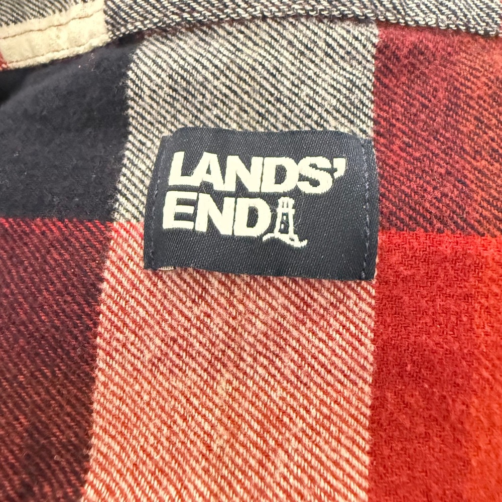 Lands End Mens Flannel Shirt Large Red Navy Blue Plaid Button Down Cotton L - Picture 3 of 8